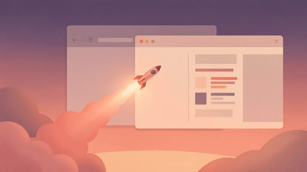 Illustration of a small rocket launching out of an open browser window at dusk