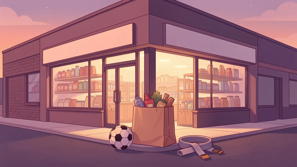 Illustration of a corner grocery store at dusk with a paper grocery bag, soccer ball and karate belt