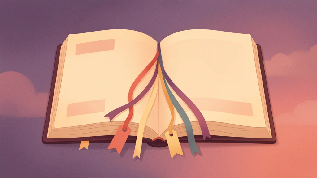 Illustration of an open notebook with colorful ribbon bookmarks fanning out
