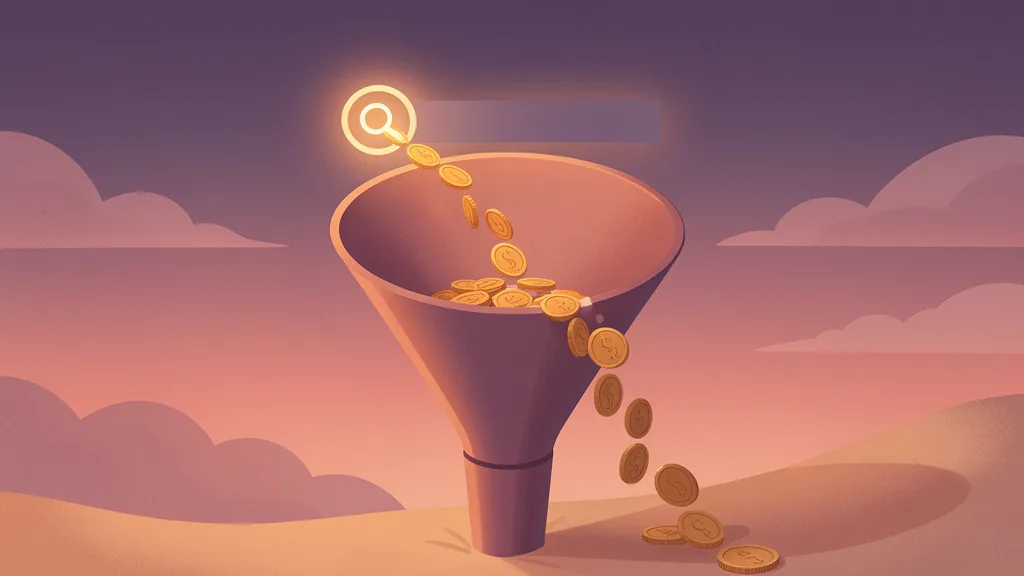 Illustration of coins flowing from a glowing search bar into a funnel at dusk