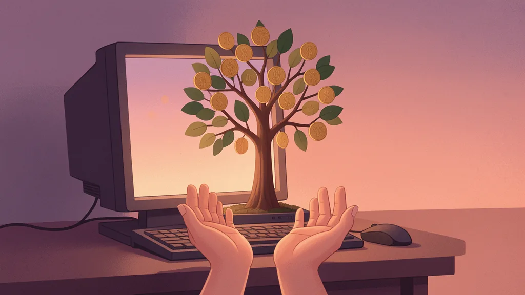 Illustration of a tree with coin leaves growing from a computer above open hands